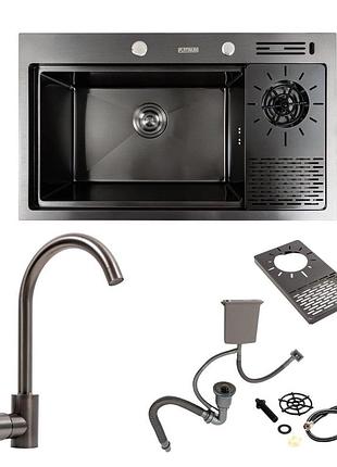 Кухонная мойка pvd 78*46 черная platinum handmade с кухонным смесителем + дозатор и колландер
