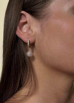 Сережки с камнем розовый кварц 5681