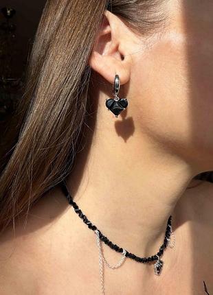 Серьги с черным сердцем серебро 5449