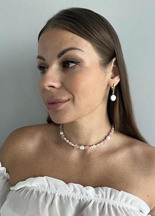 Бусы из розового кварца и жемчуга 5025