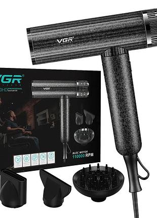 Фен для волос vgr v-640hd профессиональный 110000 rpm, bldc мотор,ионизация,3 скорости,4 температуры, низкий уровень шума, черный