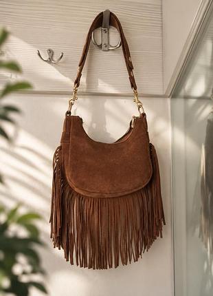 Лімітована коричнева замшева fringe crossbody bag rita ora × primark