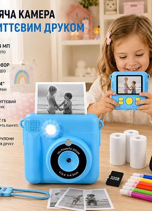 Детская камера aorile с моментальной печатью, 24 мп, видео 1080p, экран 2,4″, карта 32 гб, 3 рулона, синяя