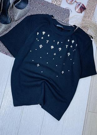 В’язана футболка zara l чорна футболка з стразами жіноча футболка з вʼязаного трикотажу