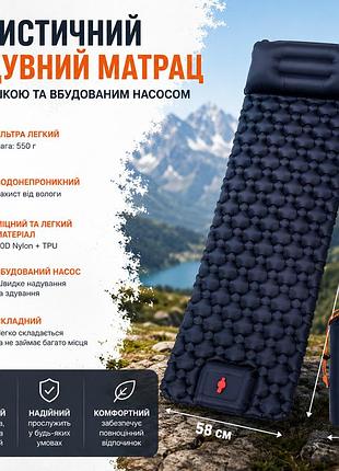 Туристичний надувний матрац 190×58×5 см — надувний каремат із подушкою і вбудованим насосом, килимок для кемпінгу