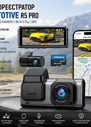 Видеорегистратор alltotive r5 pro 4k + 2.5k, 2 камеры, wi-fi 5 ггц, gps, карта 128 гб, ips 3,16″, wdr