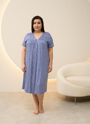 Синяя вискозная сорочка с рукавчиком 2xl-3xl в сердечки