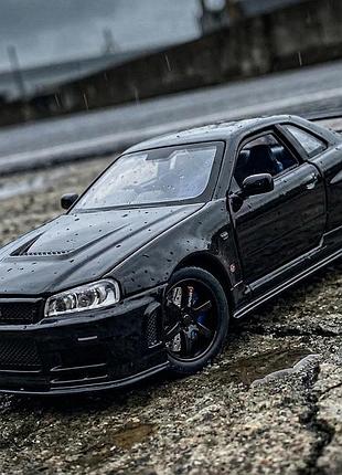 Металлическая машинка nissan skyline gt-r r34 масштаб 1:32, инерционная, свет, звук, открываются двери, капот, багажник