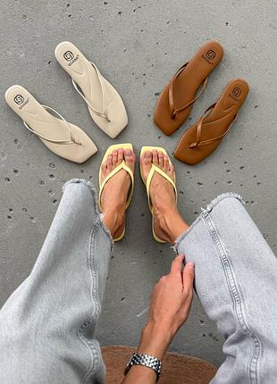 Шльопанці жіночі в'єтнамки екошкіряні жовті бежеві коричневі 11256 11257 11258