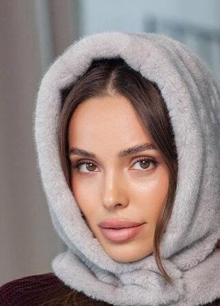 Модний капор хутро преміумні норка, на флісі, сіро-блакитний