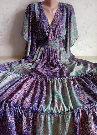 Плаття максі , сукня довга розкльошона ярусна з китицями art silk