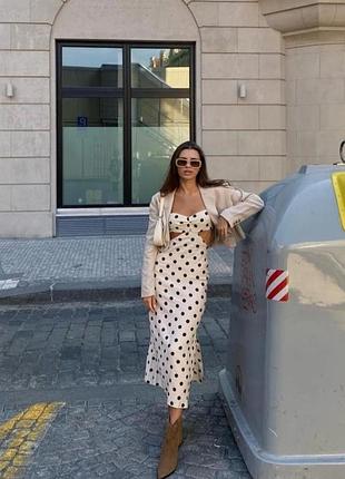 Сукня плаття горох бежева міді з розрізом відкрита спина zara xs s m 3461/672