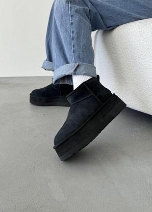 Жіночі уггі замш натуральний на хутрі  ugg classic ultra mini platform xl black 38 25 см