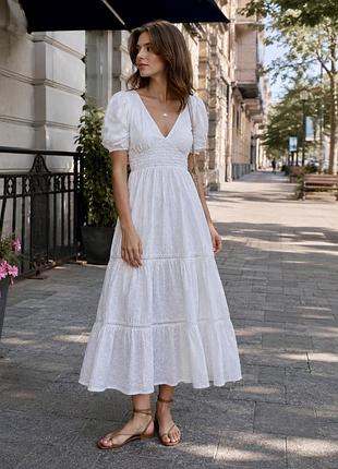 Белое платье летнее в пол макси из прошвы хлопка с пышными рукавами s-m asos