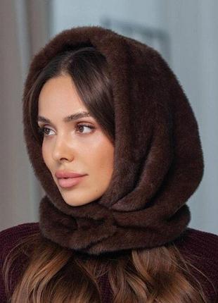 Модный капор мех премиум норка,на флисе ,шоколад