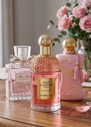 Guerlain aqua allegoria forte rosa rossa розпив оригінал жіночі парфуми персик троянда пачулі як miss dior blooming bouquet delina