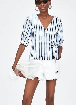 Голубой топ на запах и полоску с акцентом талией zara