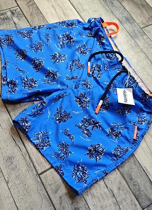 Чоловічі сині плавальні шорти superdry з чорним пальмовим візерунком, жовтогарячими акцентами й еластичним поясом розмір м
