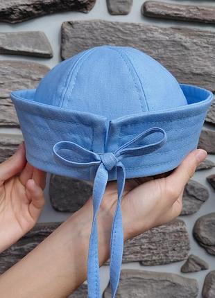 Шляпа-морячка, коттоновая, женская панама голубая handmade / папайка летняя с разрезом