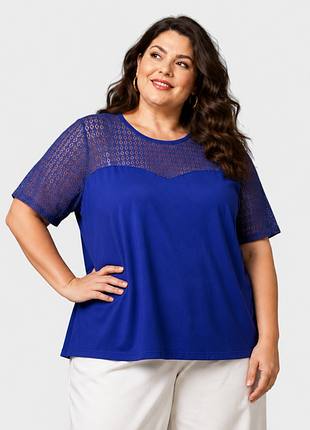 Стильна синя футболка-блузка emery rose з мереживом (plus size, 4xl)