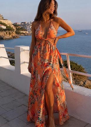 Сукня shein tropical paradise maxi з відкритою спиною та високим розрізом