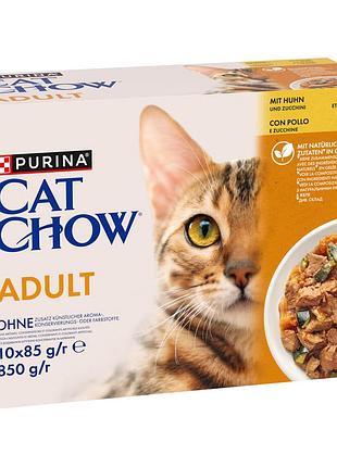 Блок (10 шт.) влажный корм cat chow adult для взрослых кошек, кусочки в желе, с курицей и цукини, 10x85 г