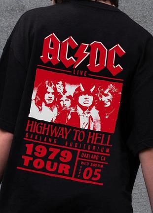Черная женская оверсайз футболка without с принтом ac/dc "highway to hell"