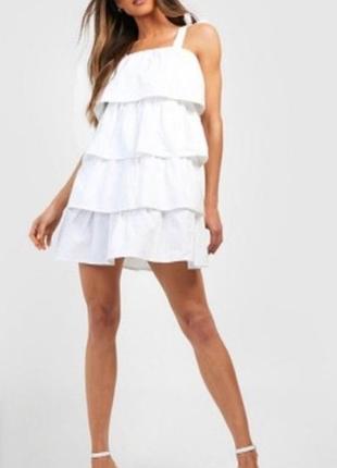 Коттоновый белый ярусный сарафан boohoo,l-xl