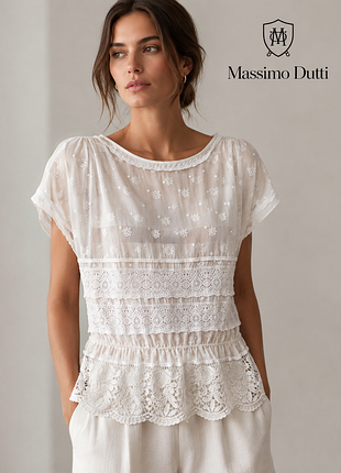 Нежная блуза цвета айвори с кружевом, massimo dutti