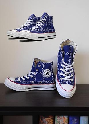 Кеди converse x jw anderson 70 high top grid сині білі з логотипом тканинні текстильні all star снікерси кросівки