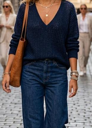 Жіночий темно-синій светр zara з глибоким v-подібним вирізом та ефектом сітки.