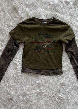 Темно-оливковый лонгслив reclaimed vintage с принтом и вставкой-сеткой