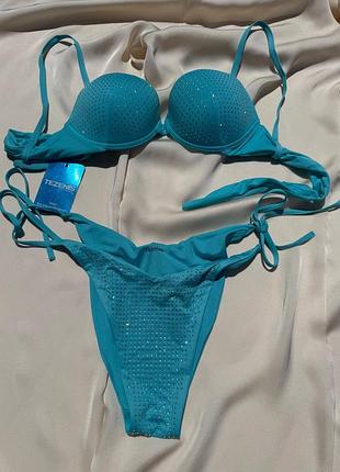 Раздельный бирюзовый купальник tezenis со стразами (верх 85/4, трусики l)