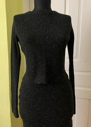 Турецкий трикотажный костюм dilvin knit черный с люрексом джемпер + юбка меди s