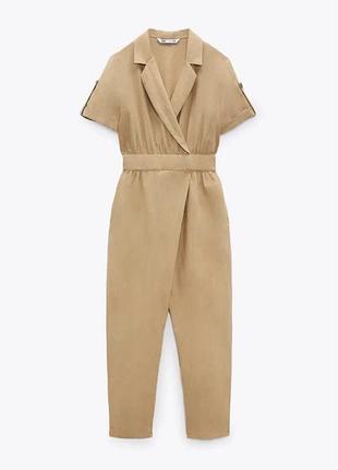 Жіночий лляний комбінезон zara пісочного кольору з запахом (, s/xs)