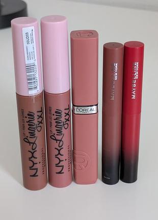 Матові помади nyx lingerie xxl, loreal infallible matte resistance, maybelline color sensational ultimatte