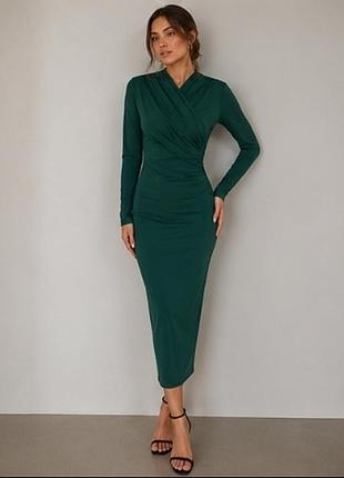 Элегантное зеленое облегающее платье миди с драпировкой от h&amp;m.