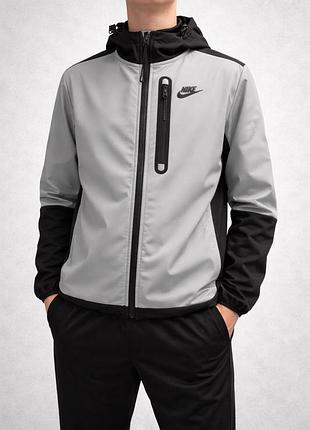 Чоловіча вітровка nike softshell чорна сіра | куртка на флісі з капюшоном | демісезонна спортивна куртка nike