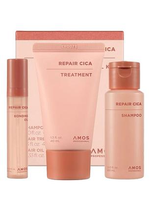 Набор миниатюр продуктов для поврежденных волос amos professional repair cica trial kit, 60 мл + 40 мл + 10 мл