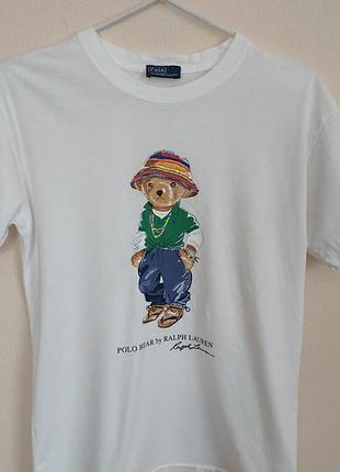 Белая женская футболка polo ralph lauren принтом с изображением мишки polo bear.