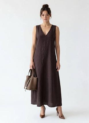 Летнее длинное платье из льна коричневое | 99240