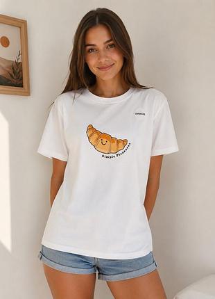 Біла футболка oversize з принтом круасана, pepco teens  стильна біла футболка вільного крою