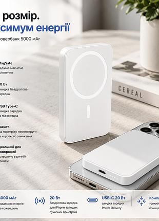 Повербанк magsafe mini 5000 маг 20 вт power bank бездротовий usb type-c чорний