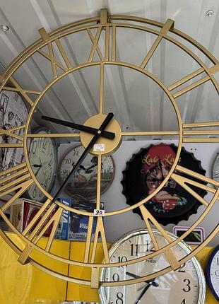 Настінний годинник металевий loft gold 60 см, великий безшумний годинник з римськими цифрами (золотий)