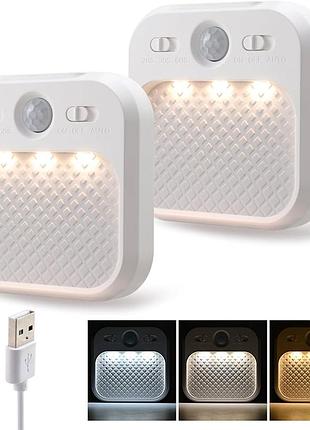 Светильники led с датчиком движения shy-010, комплект 2 шт, аккумуляторные, usb, магнитное крепление, ночник для шкафа и лестницы