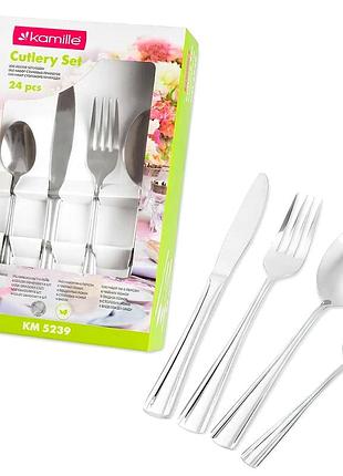 Столовий набір 24 предмети неіржавка сталь для дому 6 персон сріблястий kamille mc-4694