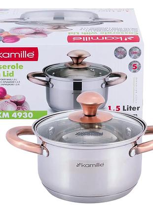 Каструля 1.5 л неіржавка сталь для кухні з кришкою kamille mc-3005