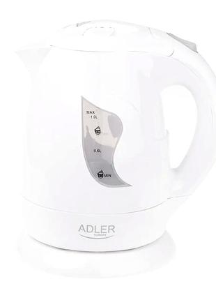 Электрочайник 1 л 850 вт для кухни белый adler mc-2104