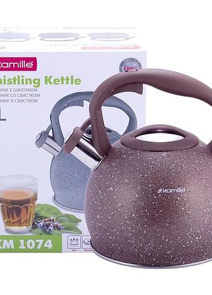 Чайник зі свистком 3 л неіржавка сталь для кухні коричневий kamille mc-3594