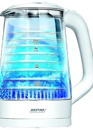 Электрочайник 2200 вт 1,7 л для кухни стекло белый mpm mc-2081